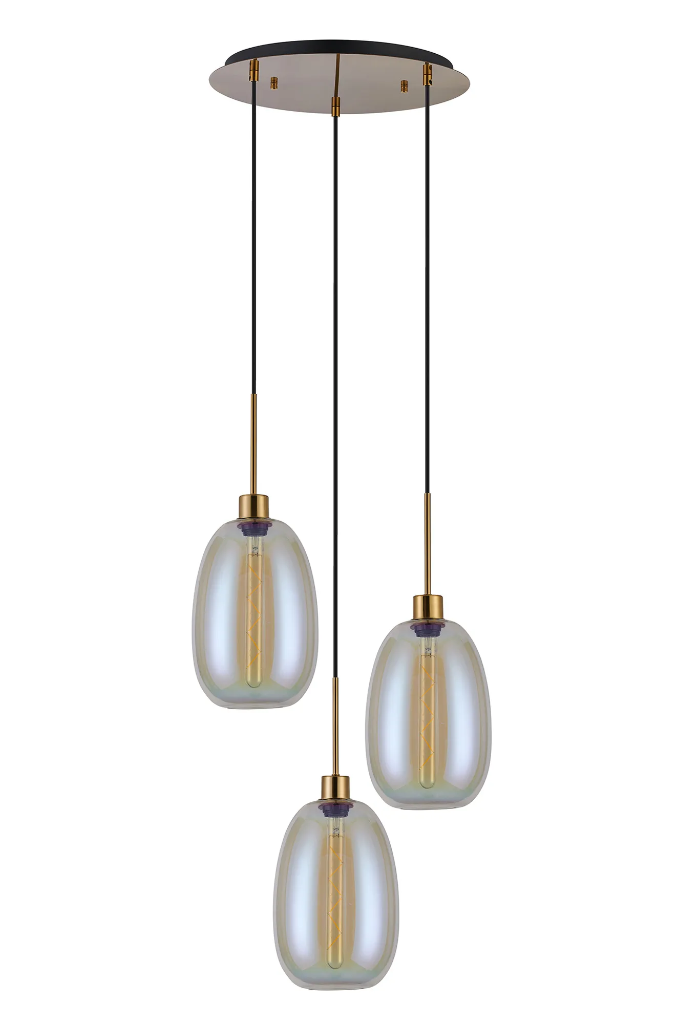 Lori 40cm Round Pendant, 3 Light Adjustable E27, Antique Gold/Iridescent Slim Curved Trapezium Shades DK1175  Deco Lori Antique Gold